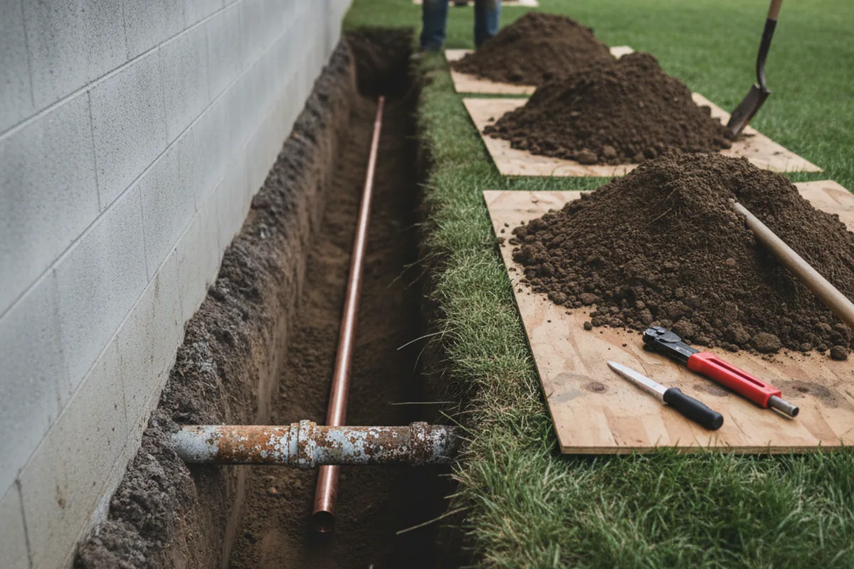 Excavated water line trench during Sewer Line Repair in Milnesand